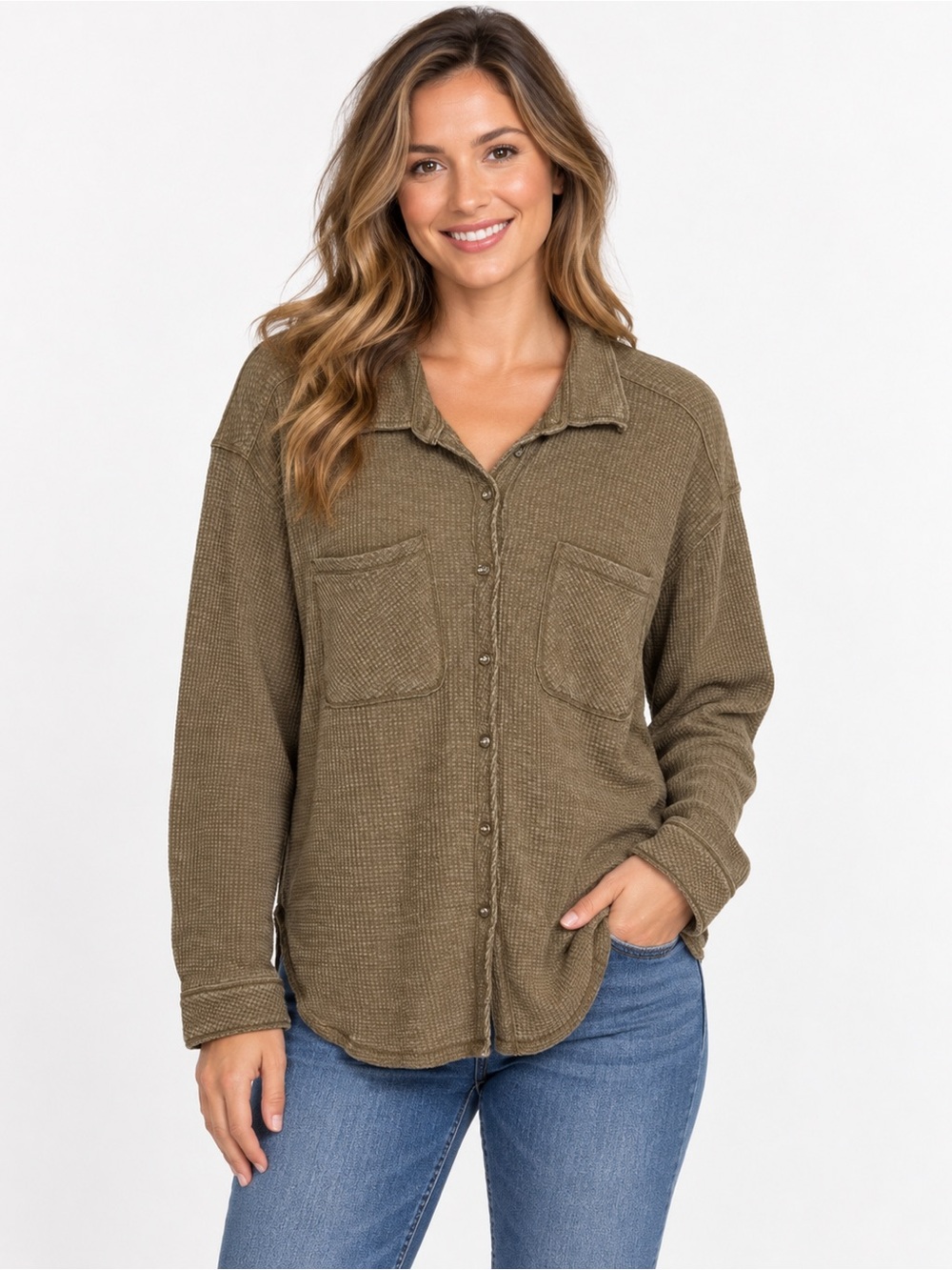 C&C California Women’s Light Brown Button Front Shirt Chest Pockets Size Large